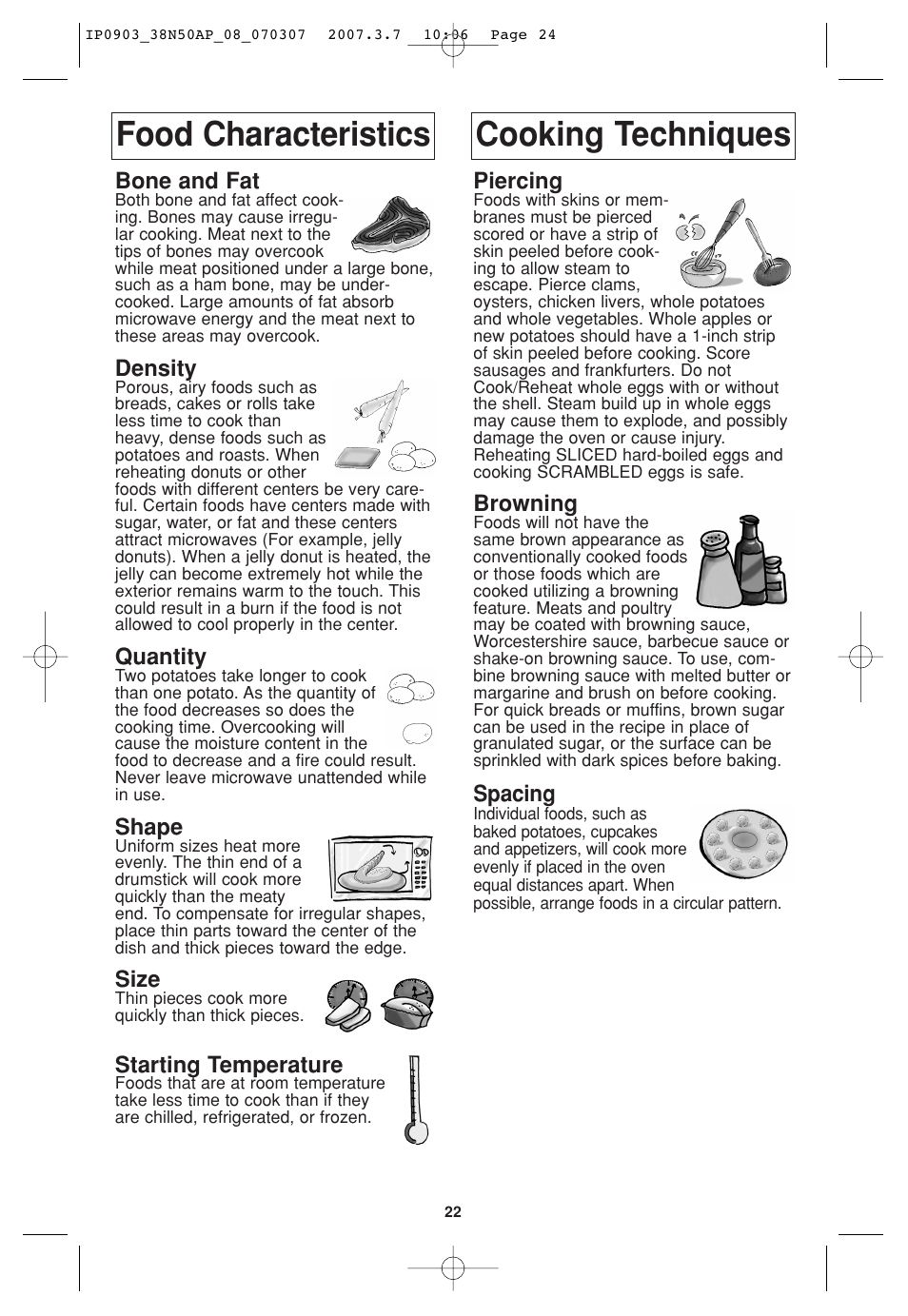 Food characteristics, Cooking techniques, Food characteristics cooking techniques | Panasonic SN977 User Manual | Page 24 / 30