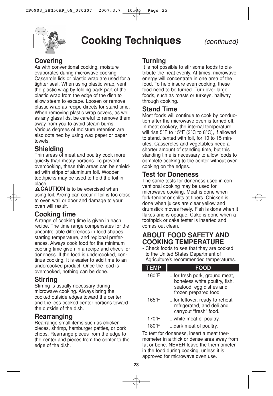 Cooking techniques, Continued) covering, Shielding | Cooking time, Stirring, Rearranging, Turning, Stand time, Test for doneness, About food safety and cooking temperature | Panasonic SN977 User Manual | Page 25 / 30