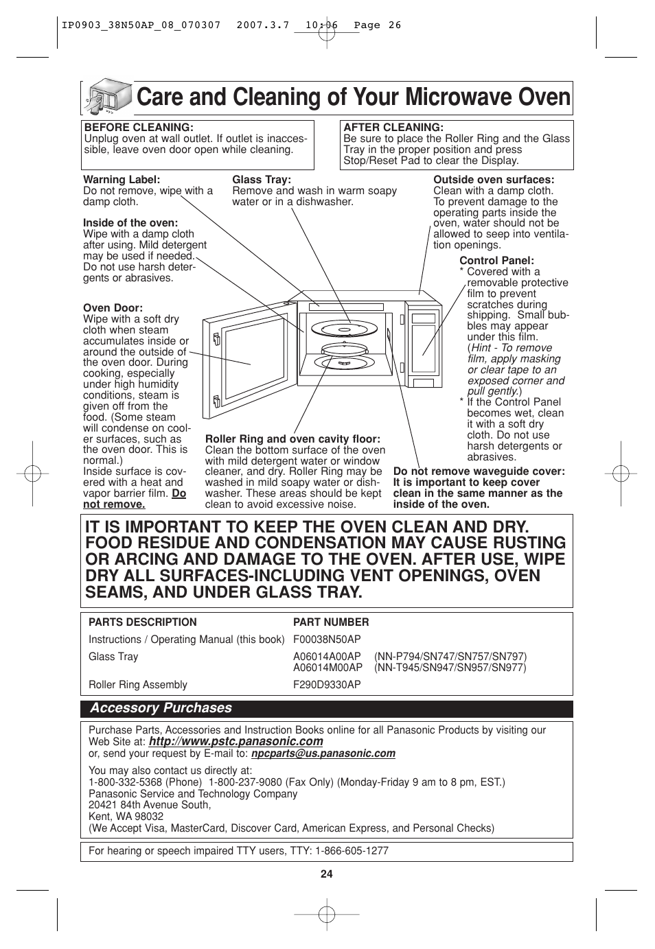 Maintenance, Care and cleaning of your microwave over, Accessory purchases | Care and cleaning of your microwave oven | Panasonic SN977 User Manual | Page 26 / 30