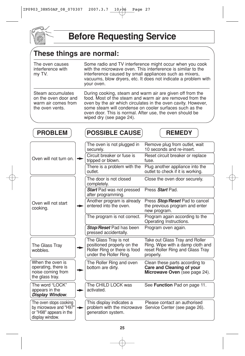 Before requesting service, These things are normal, Problem possible cause remedy | Panasonic SN977 User Manual | Page 27 / 30