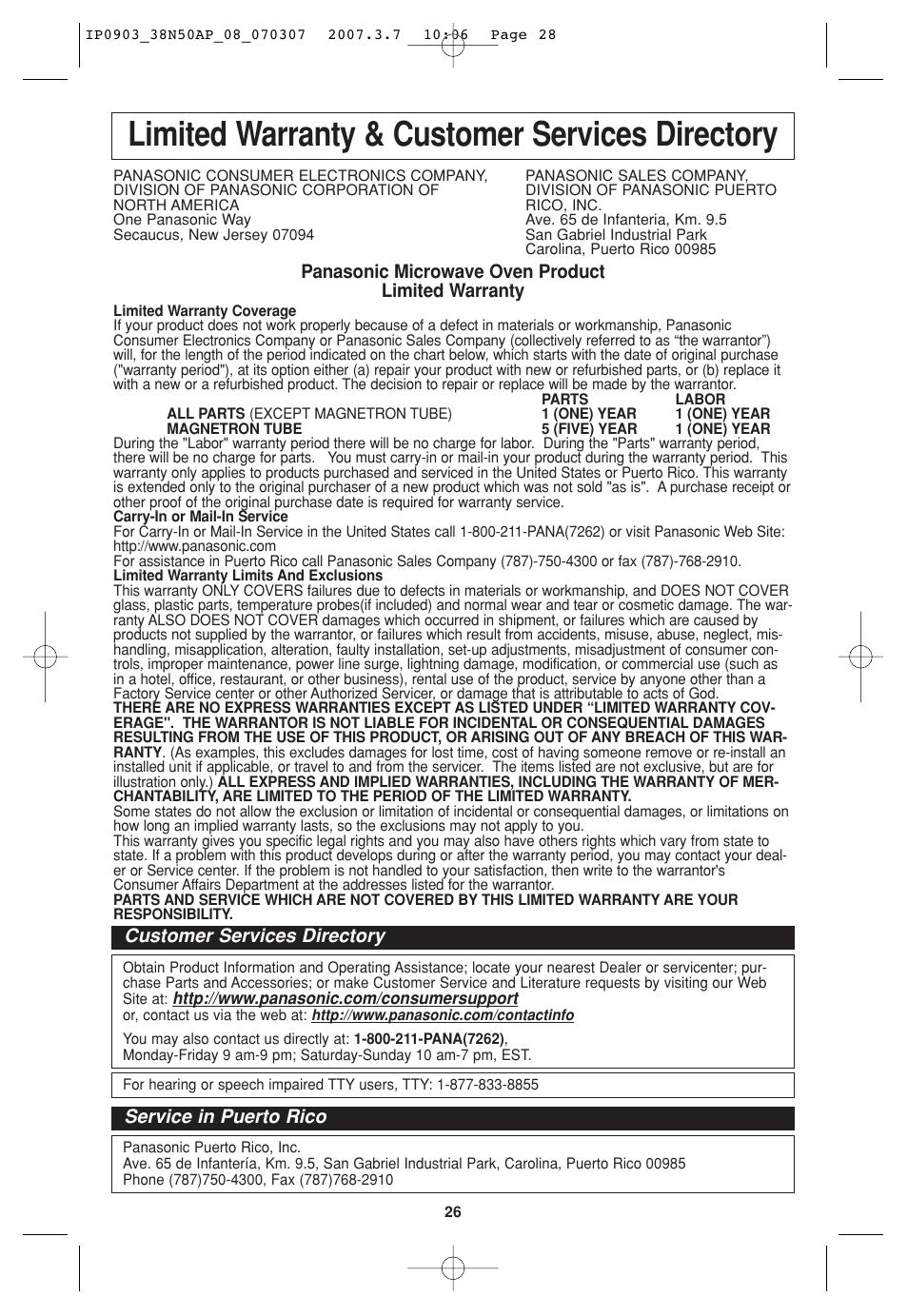 Limited warranty & customer service directory, Limited warranty & customer services directory | Panasonic SN977 User Manual | Page 28 / 30