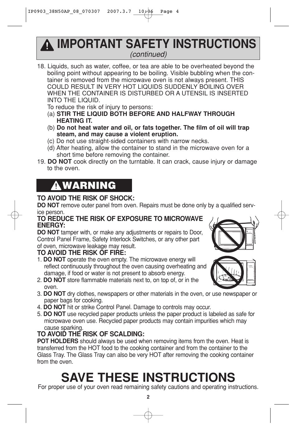 Important safety instructions, Save these instructions, Warning | Panasonic SN977 User Manual | Page 4 / 30