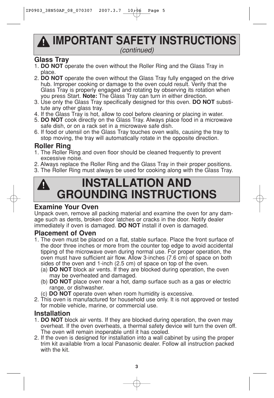 Installation and grounding instructions, Important safety instructions | Panasonic SN977 User Manual | Page 5 / 30
