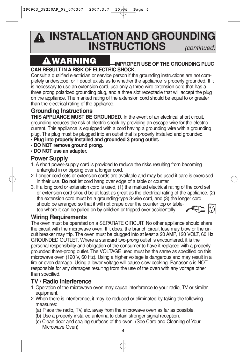 Installation and grounding instructions, Warning | Panasonic SN977 User Manual | Page 6 / 30