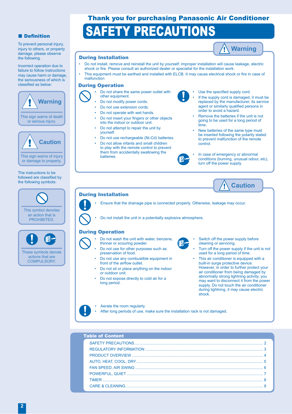 Safety precautions, Caution, Warning | Warning caution | Panasonic CS-E21FKR User Manual | Page 2 / 12