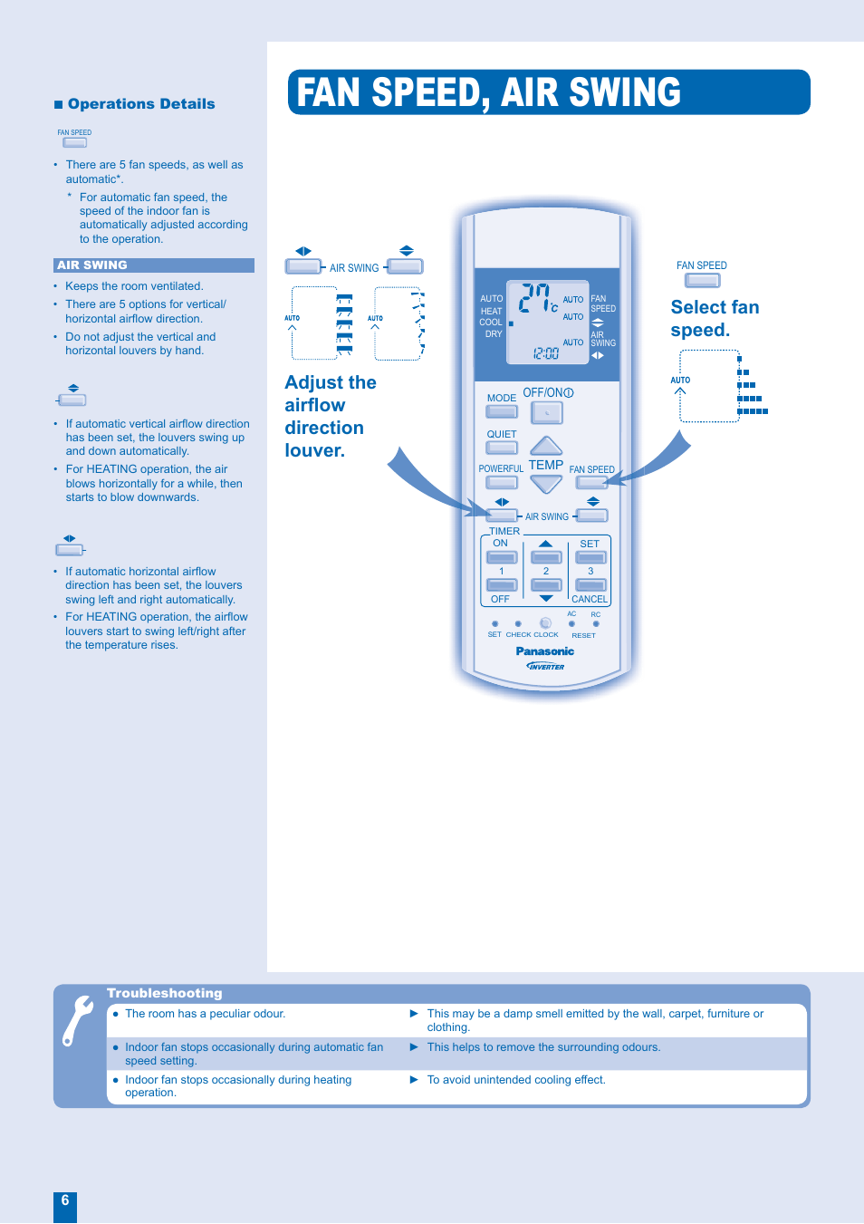 Fan speed, air swing, Adjust the airfl ow direction louver, Select fan speed | Operations details | Panasonic CS-E21FKR User Manual | Page 6 / 12