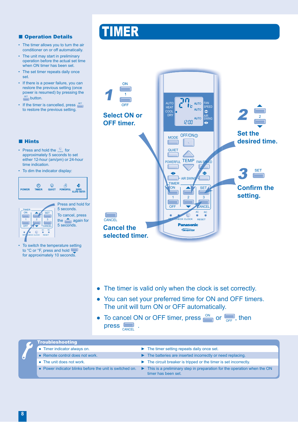 Timer, Then press, Select on or off timer | Cancel the selected timer, Set the desired time, Confi rm the setting | Panasonic CS-E21FKR User Manual | Page 8 / 12