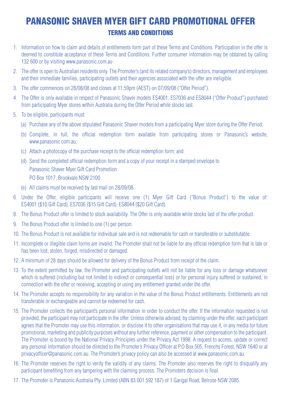 Panasonic shaver myer gift card promotional offer | Panasonic ES4001 User Manual | Page 2 / 2
