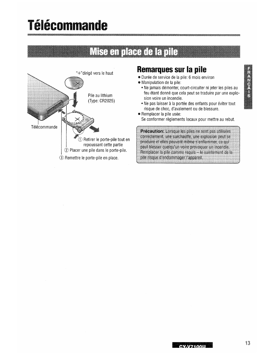 Elecommande, Télécommande, Mise en | Remarques sur la pile | Panasonic CY-V7100U User Manual | Page 13 / 92