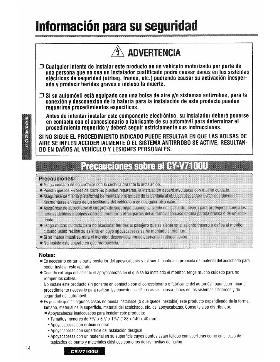 Información para su seguridad, Notas, Advertencia | Recauciones sobre el cy-v71 | Panasonic CY-V7100U User Manual | Page 14 / 92