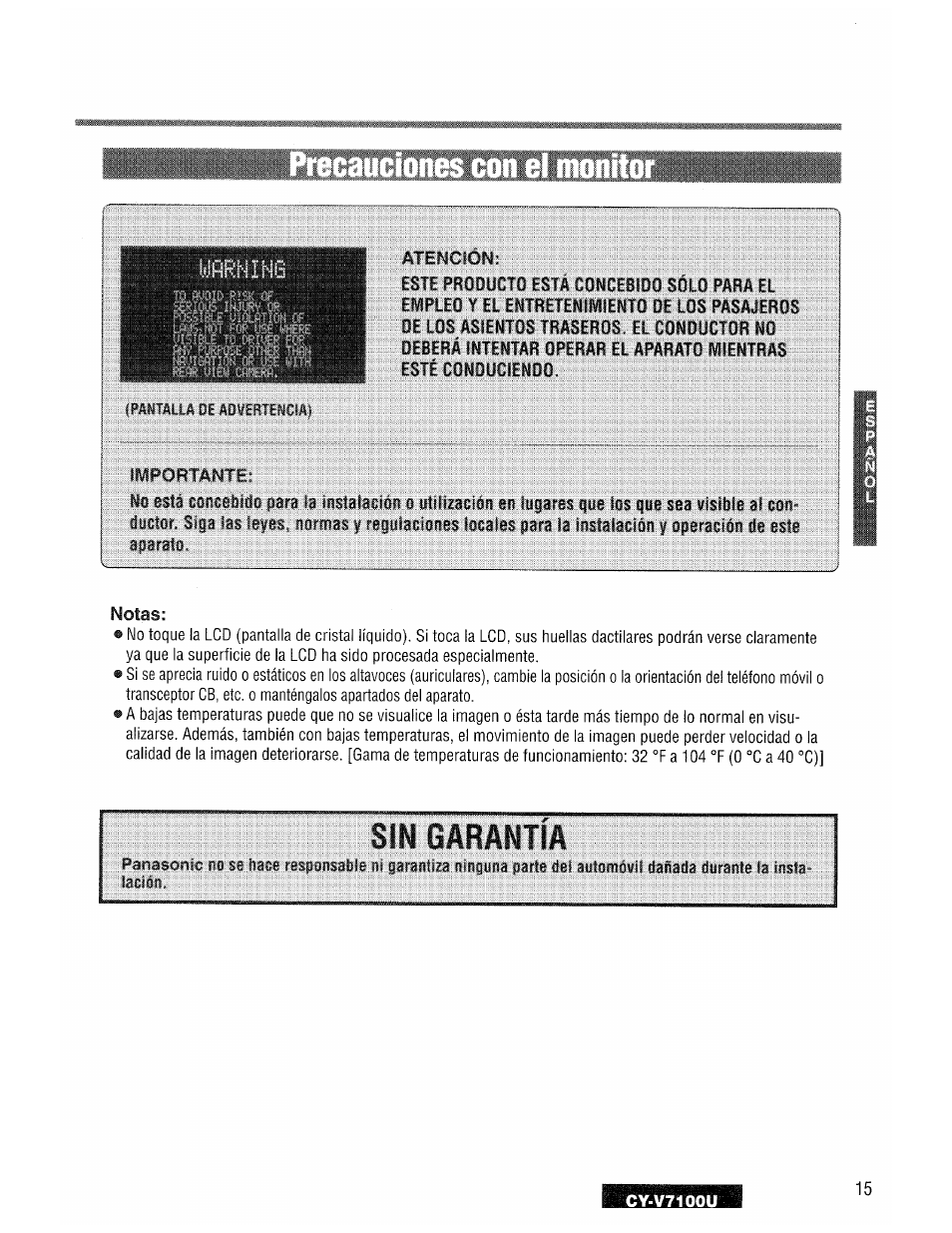 Atención, Este producto está concebido sólo para el, Notas | Sin garantia | Panasonic CY-V7100U User Manual | Page 15 / 92