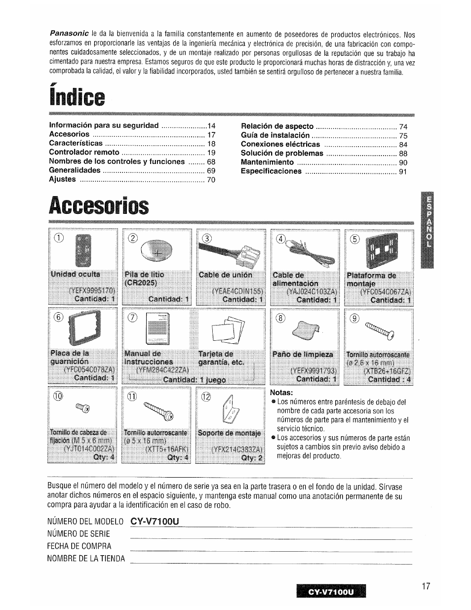 Indice, Accesorios | Panasonic CY-V7100U User Manual | Page 17 / 92