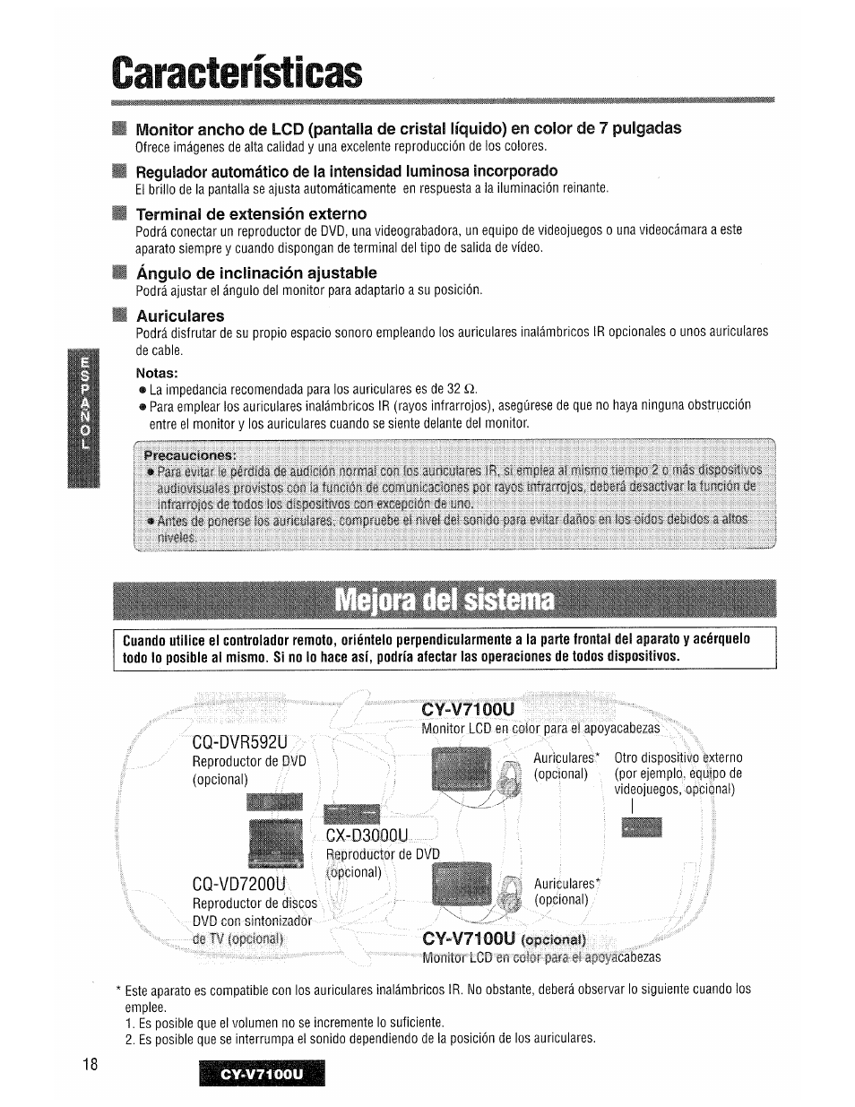 Características, Terminal de extensión externo, Ángulo de inclinación ajustable | Auriculares | Panasonic CY-V7100U User Manual | Page 18 / 92