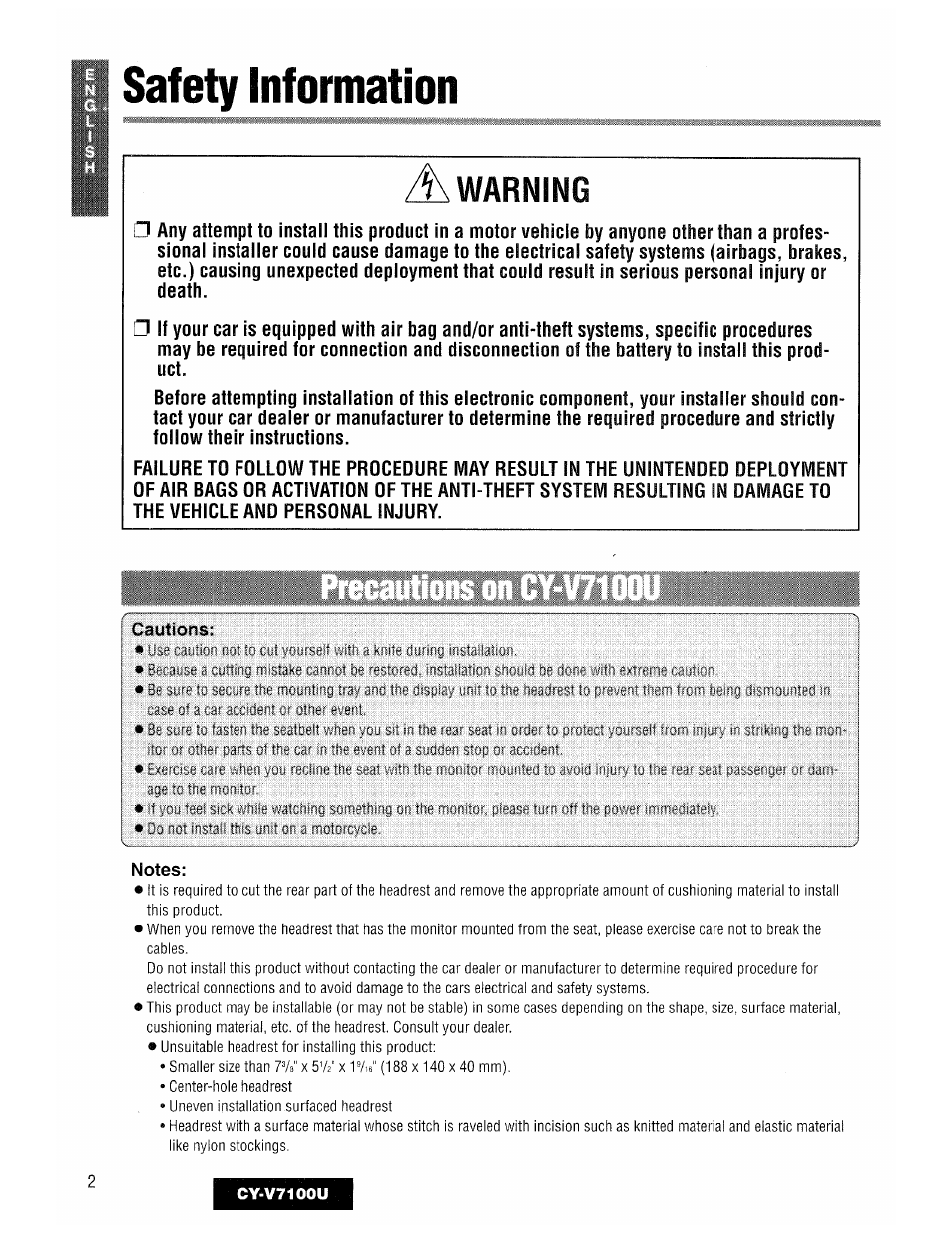 Safety information, Cautions, Notes | Warning | Panasonic CY-V7100U User Manual | Page 2 / 92
