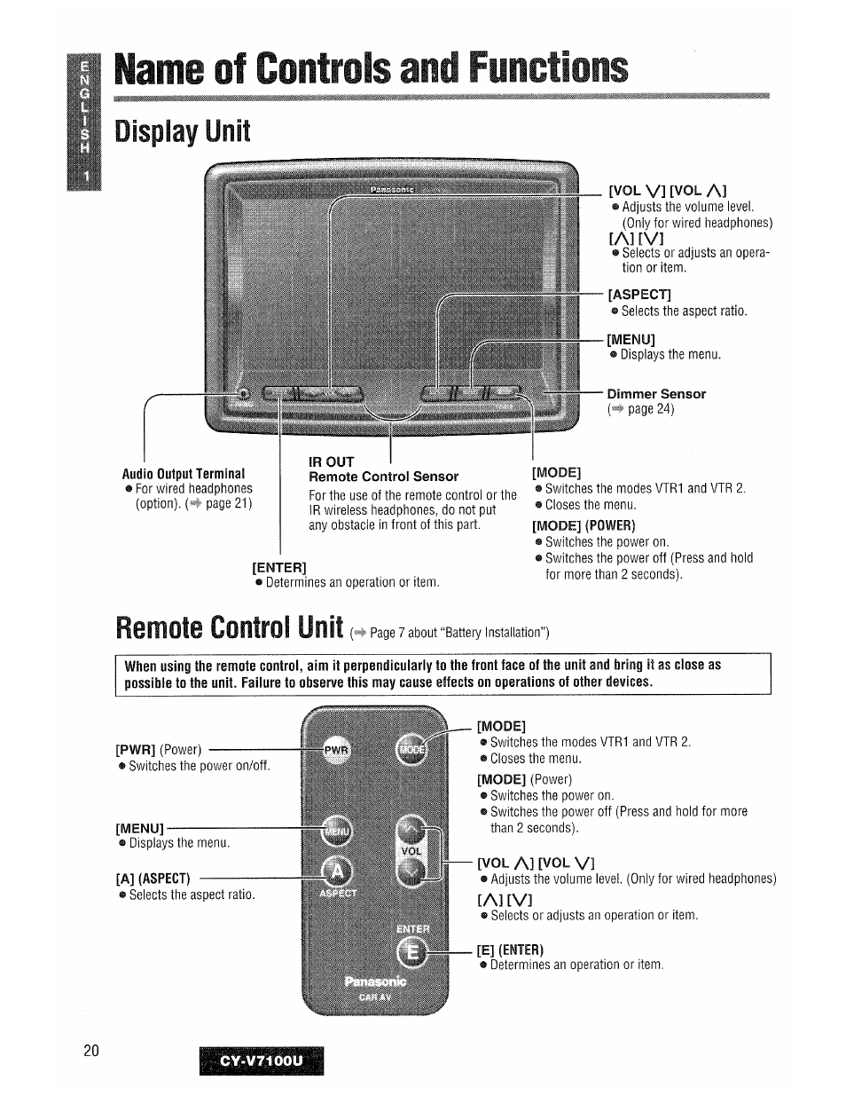 Name of controls anil fynigtions, Display unit, Remote control unit | Panasonic CY-V7100U User Manual | Page 20 / 92