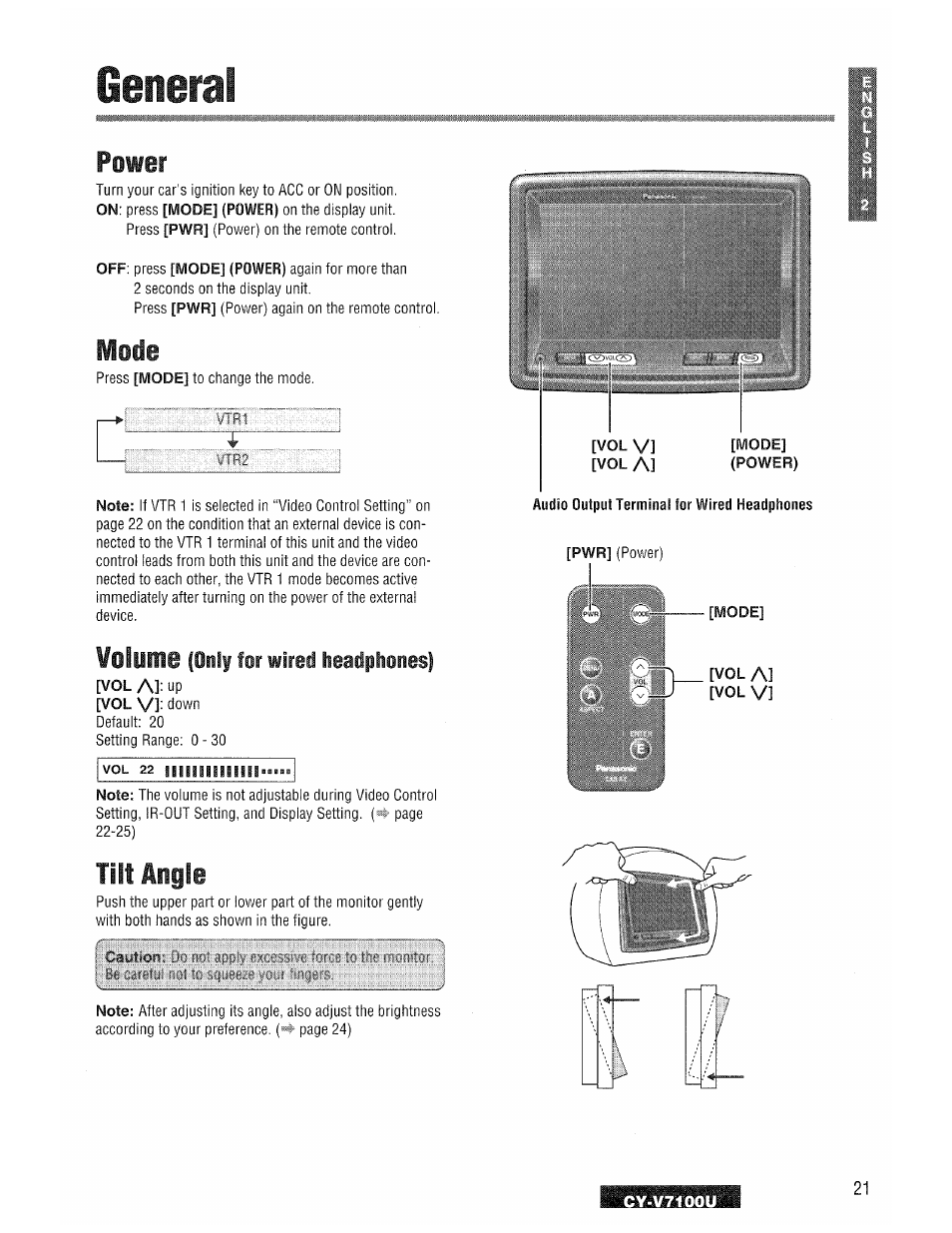 General, Power, Mode | Wofliiie, Tift angle, Only for wired headphones) | Panasonic CY-V7100U User Manual | Page 21 / 92