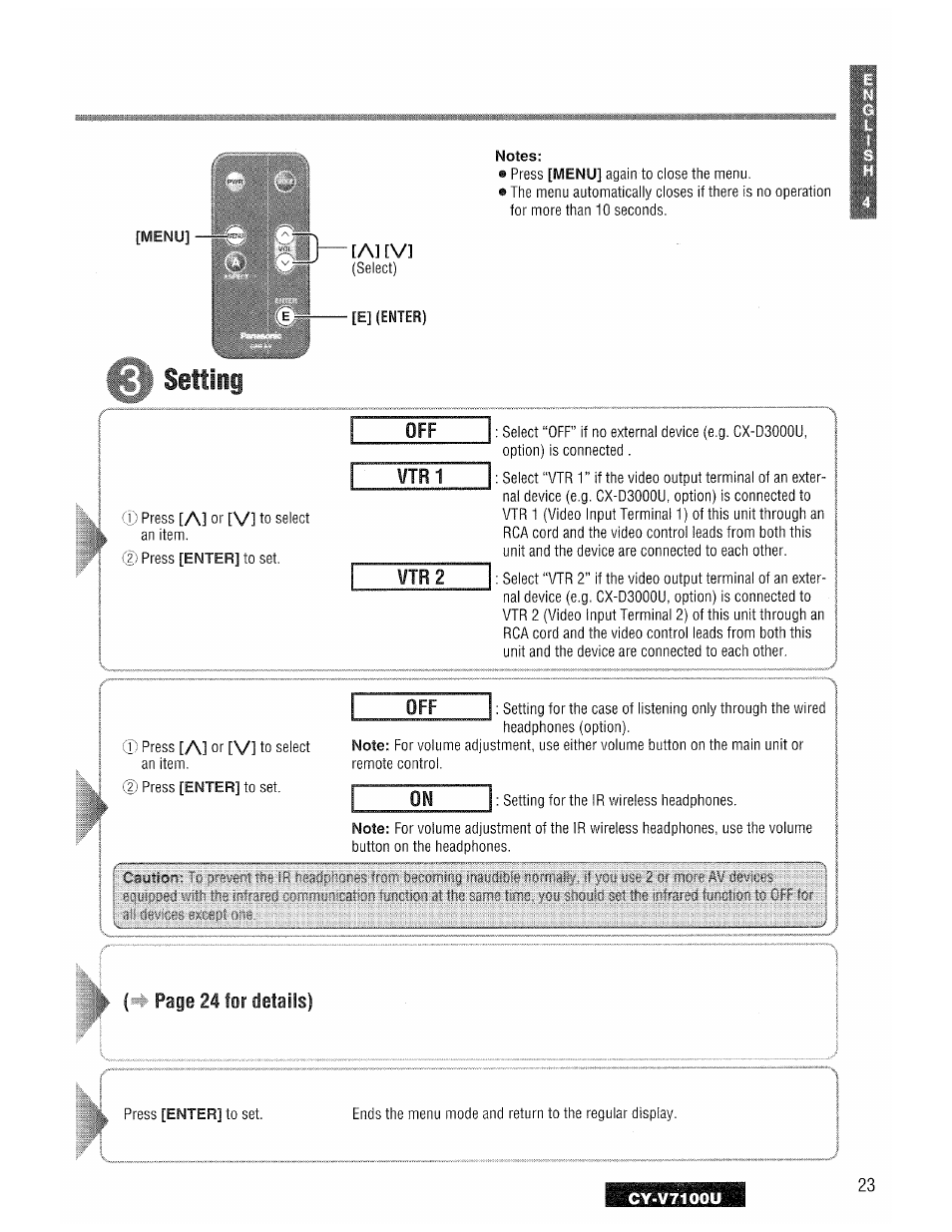 Vtr1, Vtr2, Setting | Off vtr1, 24 for details) | Panasonic CY-V7100U User Manual | Page 23 / 92