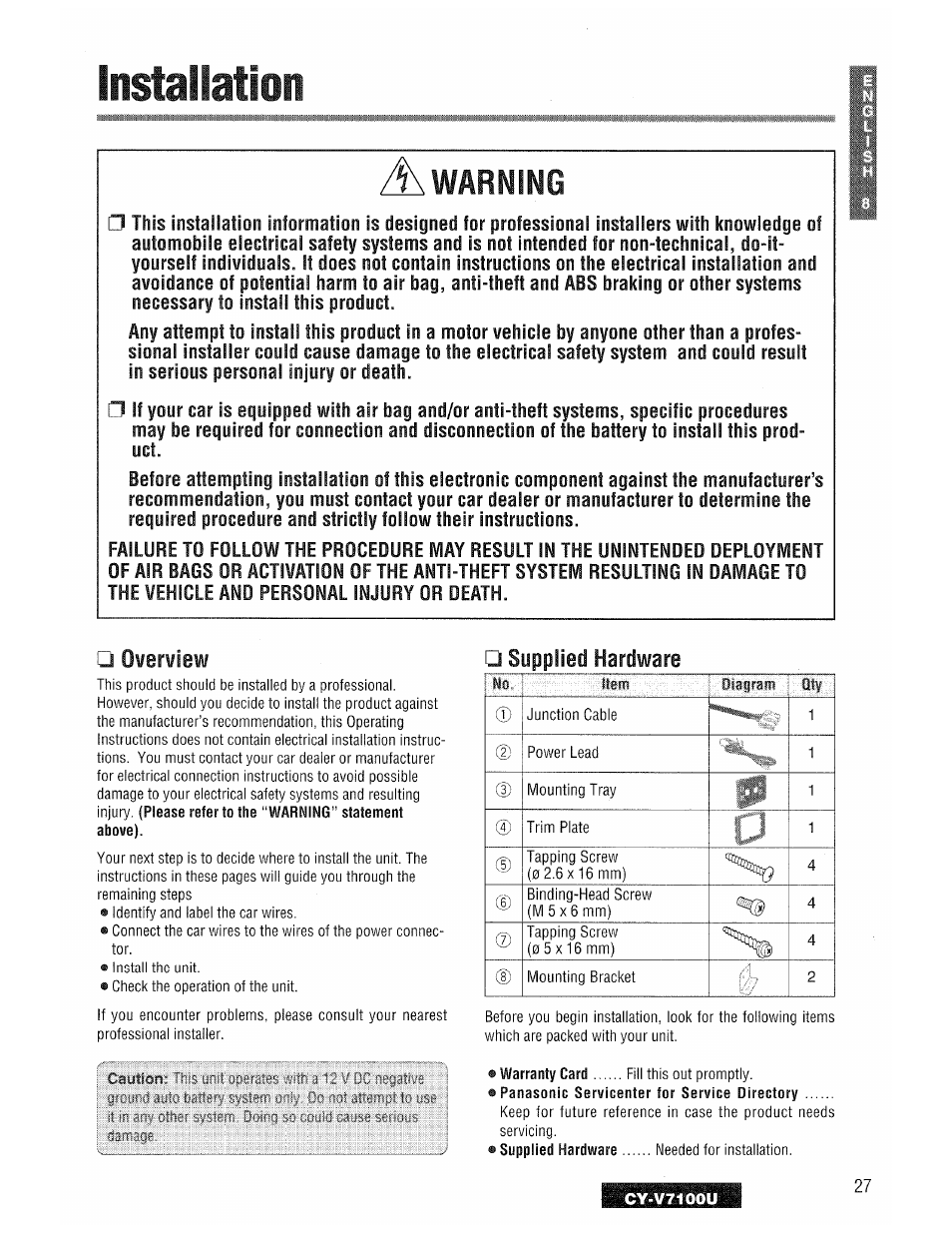 Installation, Overview, Supplied hardware | Instailation, Warning | Panasonic CY-V7100U User Manual | Page 27 / 92