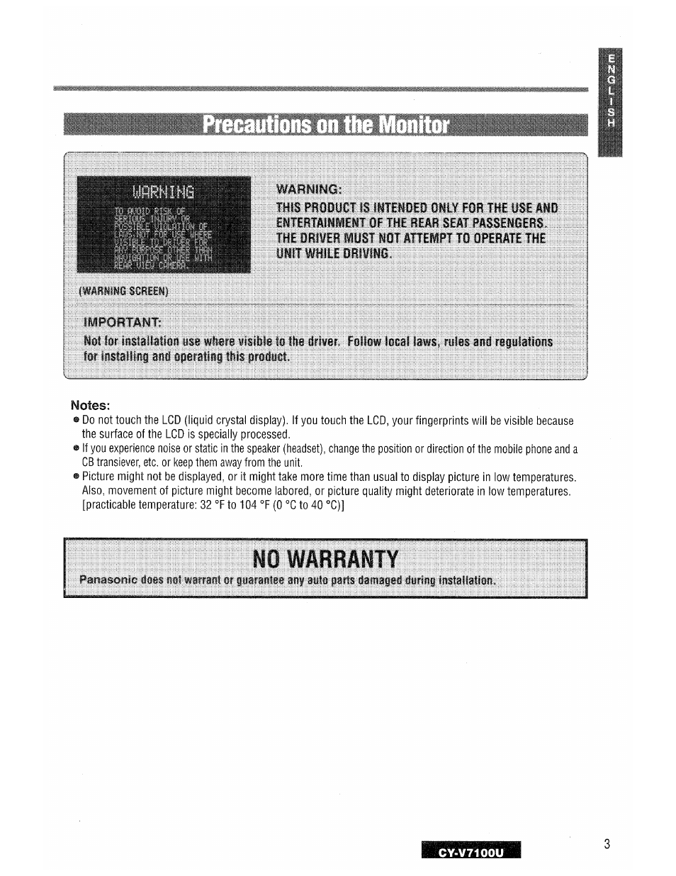 Warning, This product is fntendeo only for the use and, Warning screen) | Important, Notes, No warranty | Panasonic CY-V7100U User Manual | Page 3 / 92