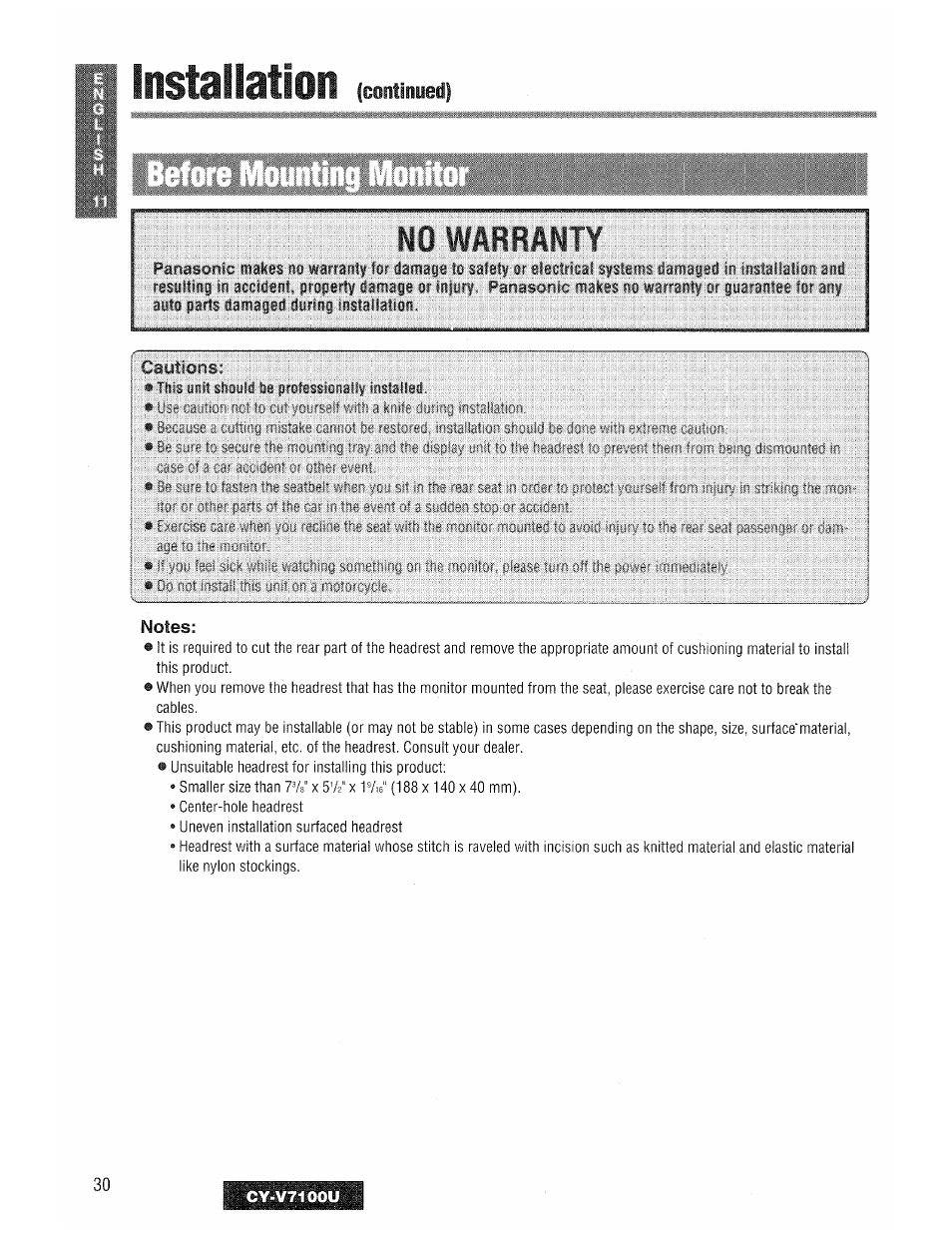 Notes, Installation, No warranty | Continued) | Panasonic CY-V7100U User Manual | Page 30 / 92