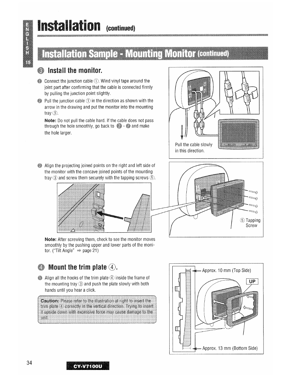 I install the monitor, Mount the trim plate, Install | Panasonic CY-V7100U User Manual | Page 34 / 92