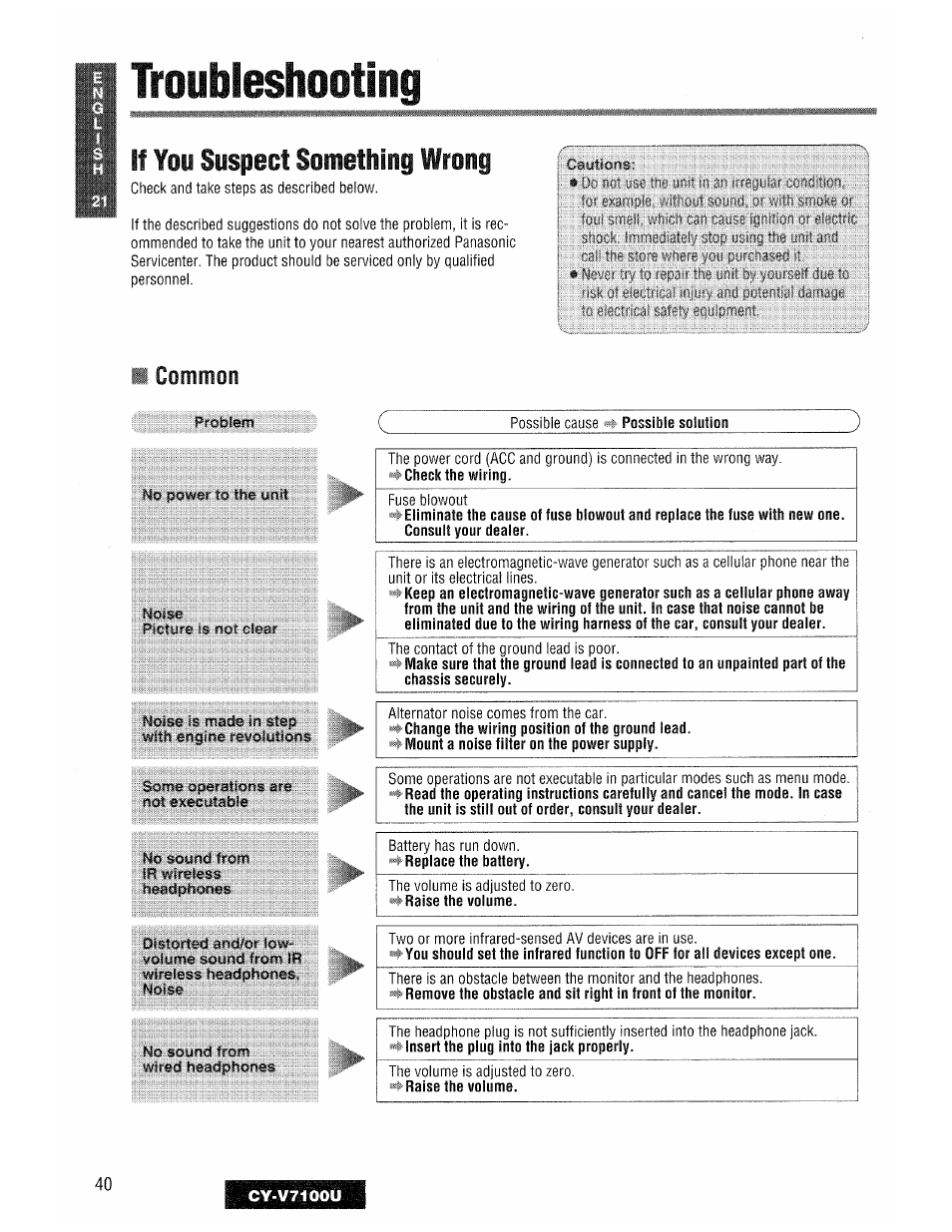Troubleshooting, Common, Cautions | Problem, No power to the unit, Noise, Noise is made in step with engine revolutions, Some operations are not executable, No sound from, No sound from wired headphones | Panasonic CY-V7100U User Manual | Page 40 / 92