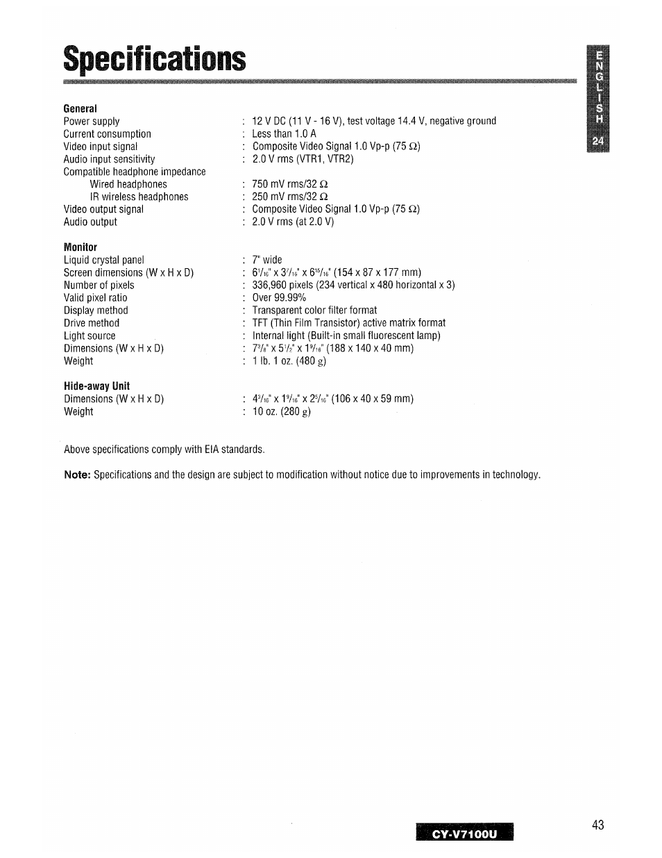 Specifications, General, Monitor | Hide-away unit | Panasonic CY-V7100U User Manual | Page 43 / 92