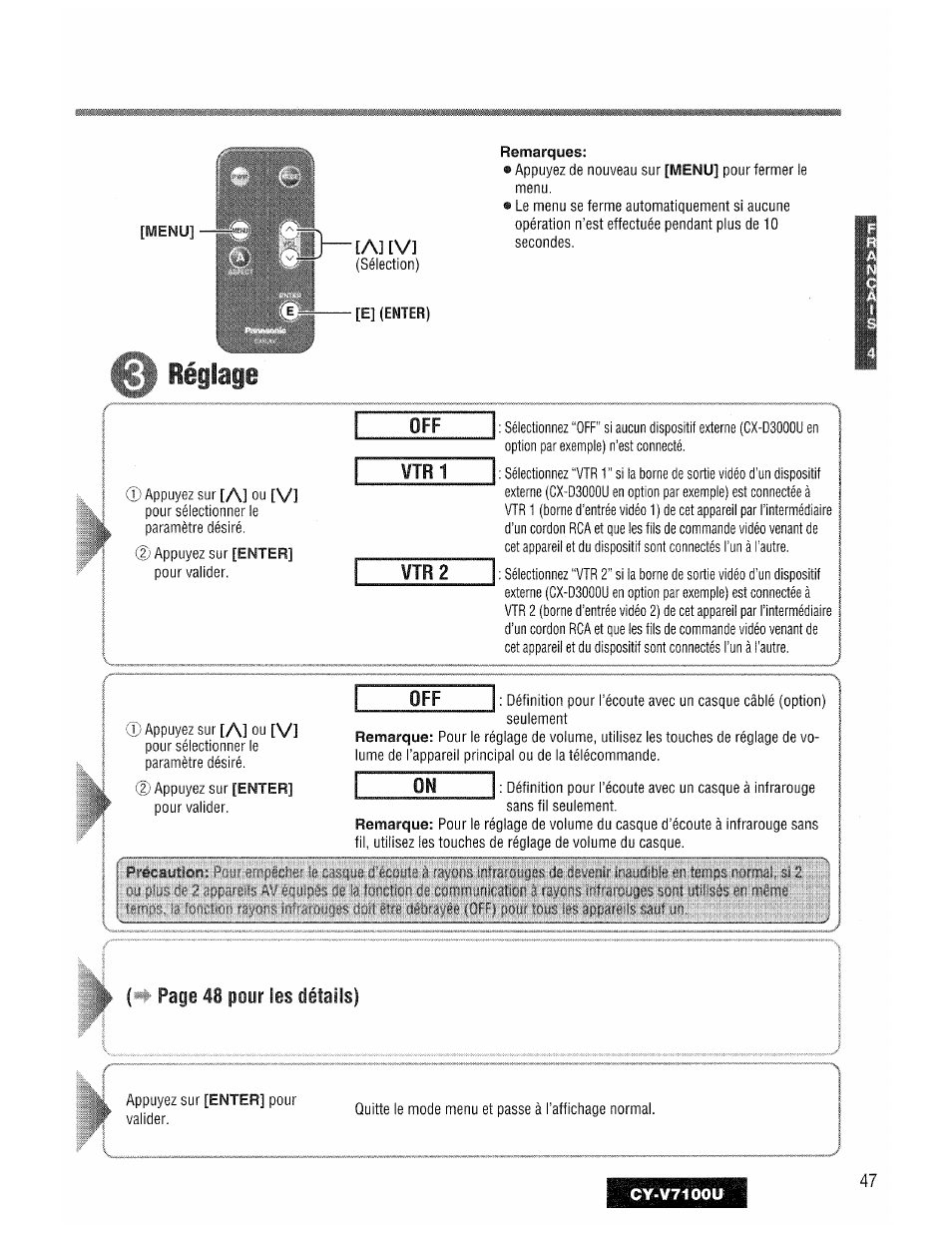 A] [v, Vtr1, Vtr2 | Réglage | Panasonic CY-V7100U User Manual | Page 47 / 92