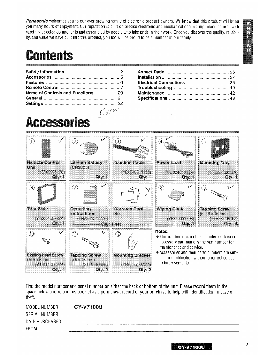Panasonic CY-V7100U User Manual | Page 5 / 92