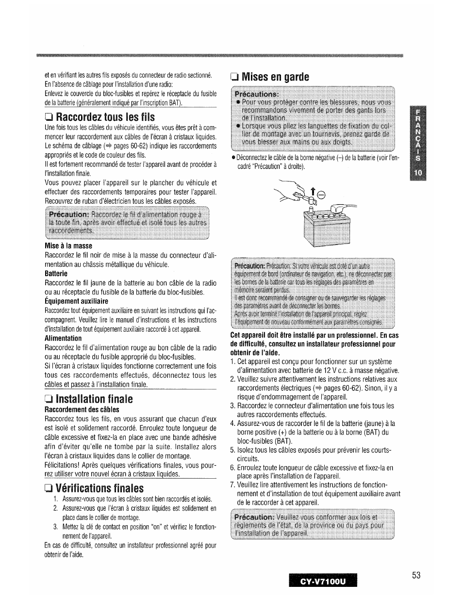 Raccordez tous les fils, Installation finale, Vérifications finales | Mises en garde | Panasonic CY-V7100U User Manual | Page 53 / 92