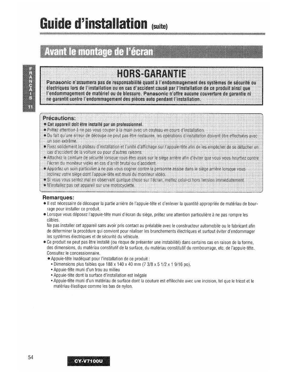 Guide d’installation, Hors-garantie, Suite) | Panasonic CY-V7100U User Manual | Page 54 / 92