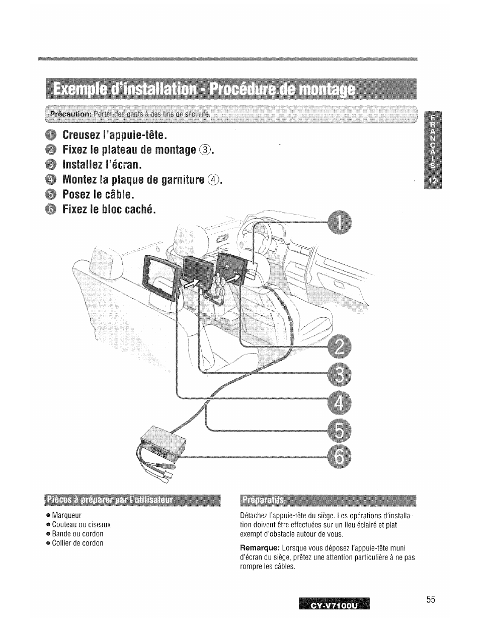 Ii creusez l’appuie-tête, I fixez le plateau de montage i installez l’écran, I montez la plaque de garniture i posez le câble | Fixez le bloc caché | Panasonic CY-V7100U User Manual | Page 55 / 92