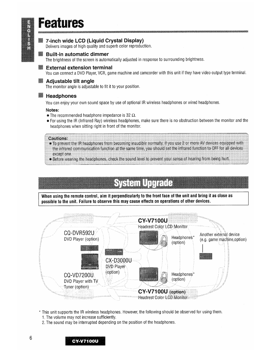 Features, Inch wide lcd (liquid crystal display), Built-in automatic dimmer | External extension terminal, Adjustable tilt angle, Headphones, Cy-v7100u, Cy-v7100u (option) | Panasonic CY-V7100U User Manual | Page 6 / 92