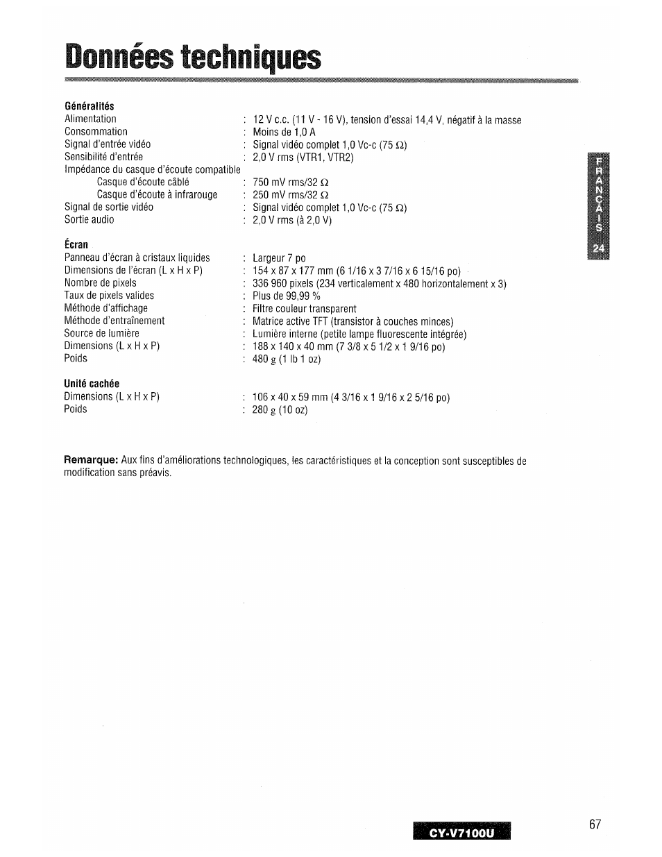 Données techniques | Panasonic CY-V7100U User Manual | Page 67 / 92