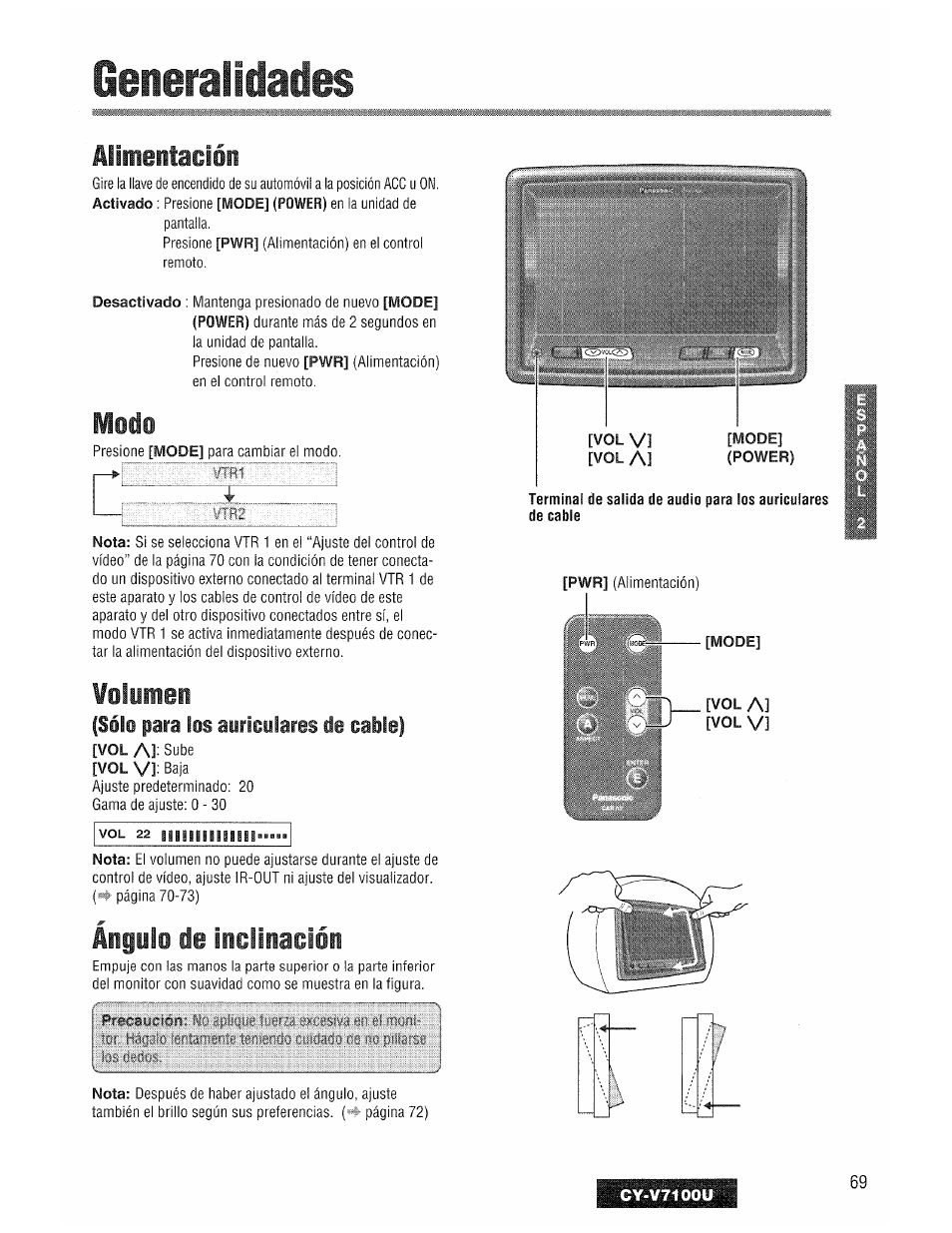 Generalidades, Alimentación, Modo | Volumen, Ángulo de inclinación | Panasonic CY-V7100U User Manual | Page 69 / 92