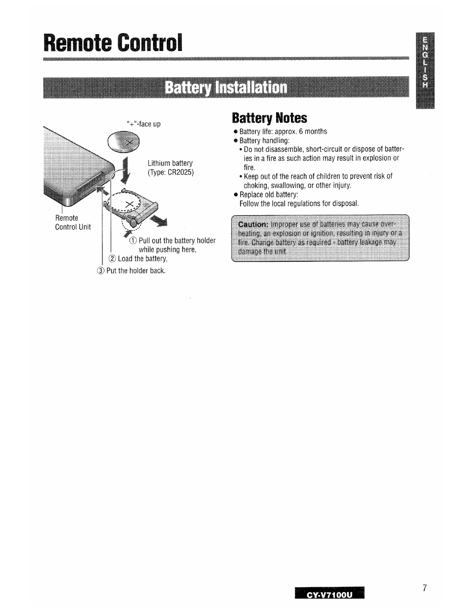 Remote control, Battei, Installatio | Panasonic CY-V7100U User Manual | Page 7 / 92