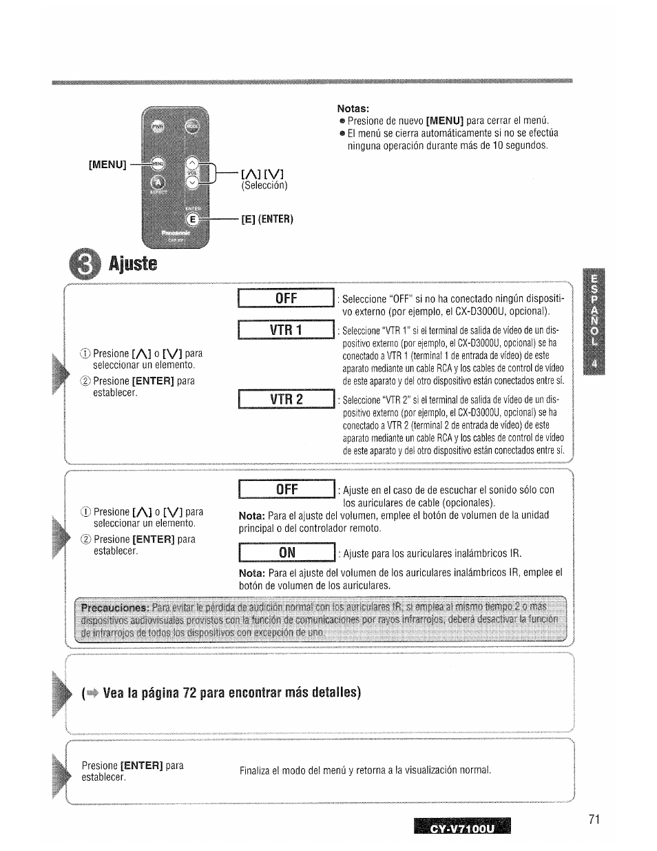 A] [v, Ajuste, Off vtr1 | Al o [v, Vtr2 off, Vea la página 72 para encontrar más detalles) | Panasonic CY-V7100U User Manual | Page 71 / 92