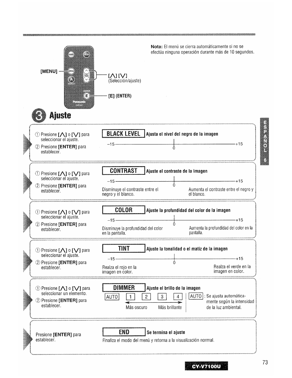 Black level, Color, Tint | Dimmer, Ajuste, Rn [ti | Panasonic CY-V7100U User Manual | Page 73 / 92