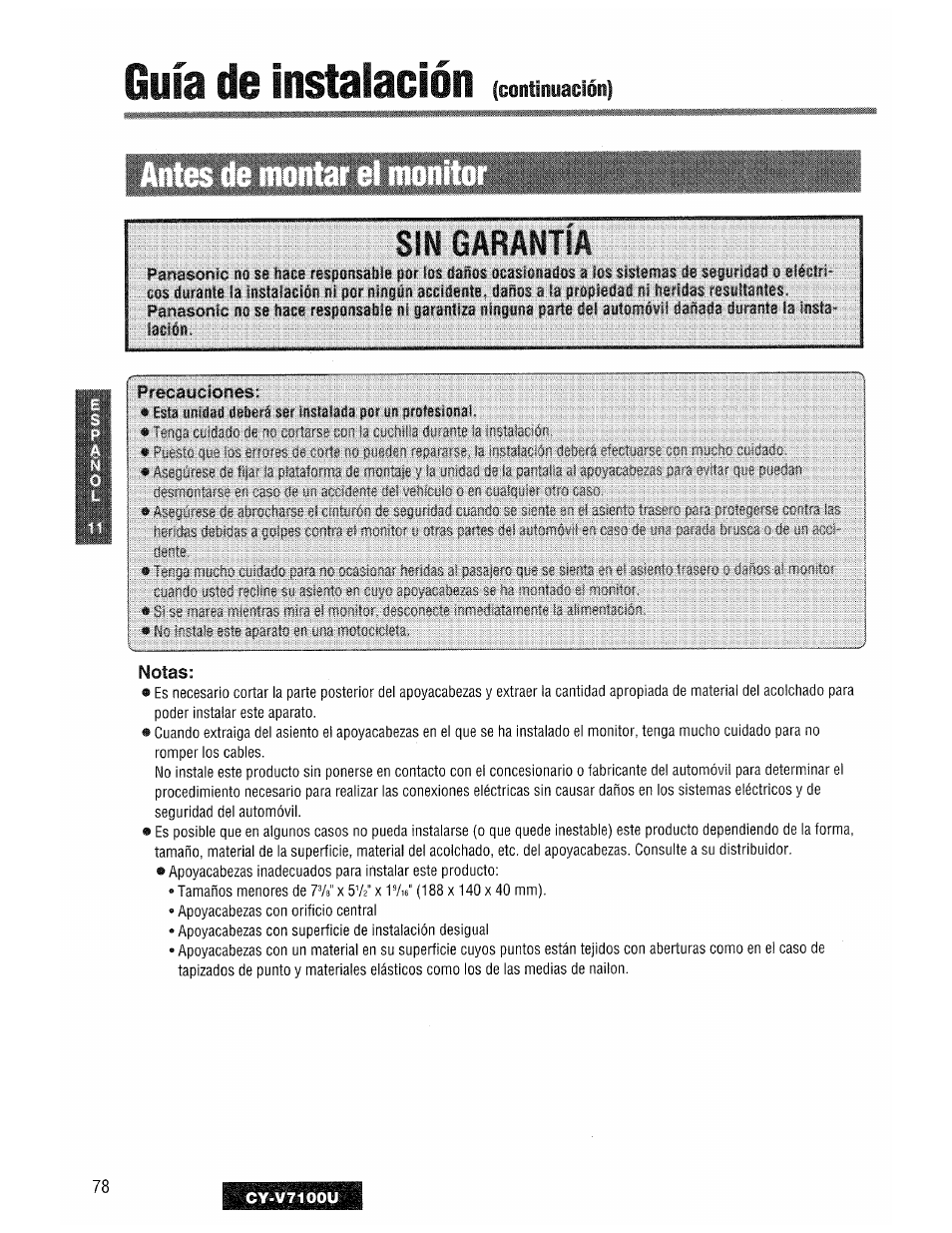 Precauciones, Notas, Guía de instalación | Sin garantia | Panasonic CY-V7100U User Manual | Page 78 / 92