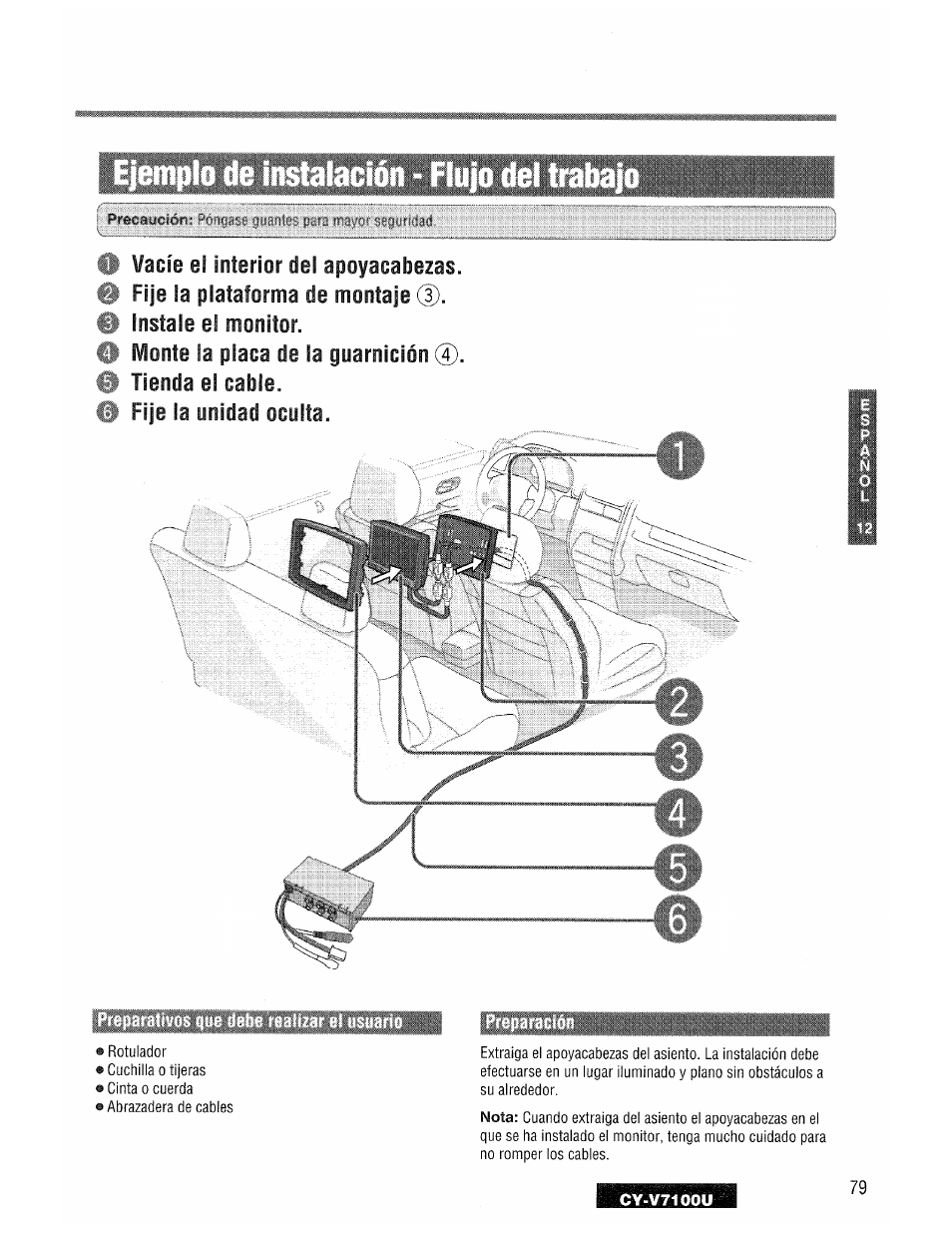 Instale el monitor, Ivionte la placa de la guarnición, Tienda el cable | If fije la unidad oculta | Panasonic CY-V7100U User Manual | Page 79 / 92