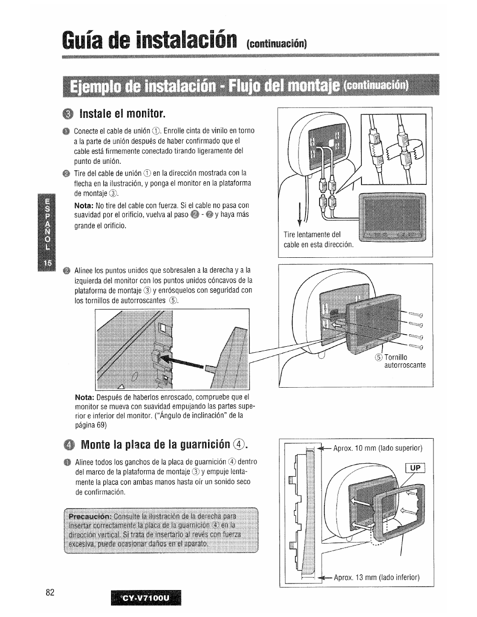 Instale el monitor, Monte la placa de la guarnición, Guía de instalación | Continuación) | Panasonic CY-V7100U User Manual | Page 82 / 92