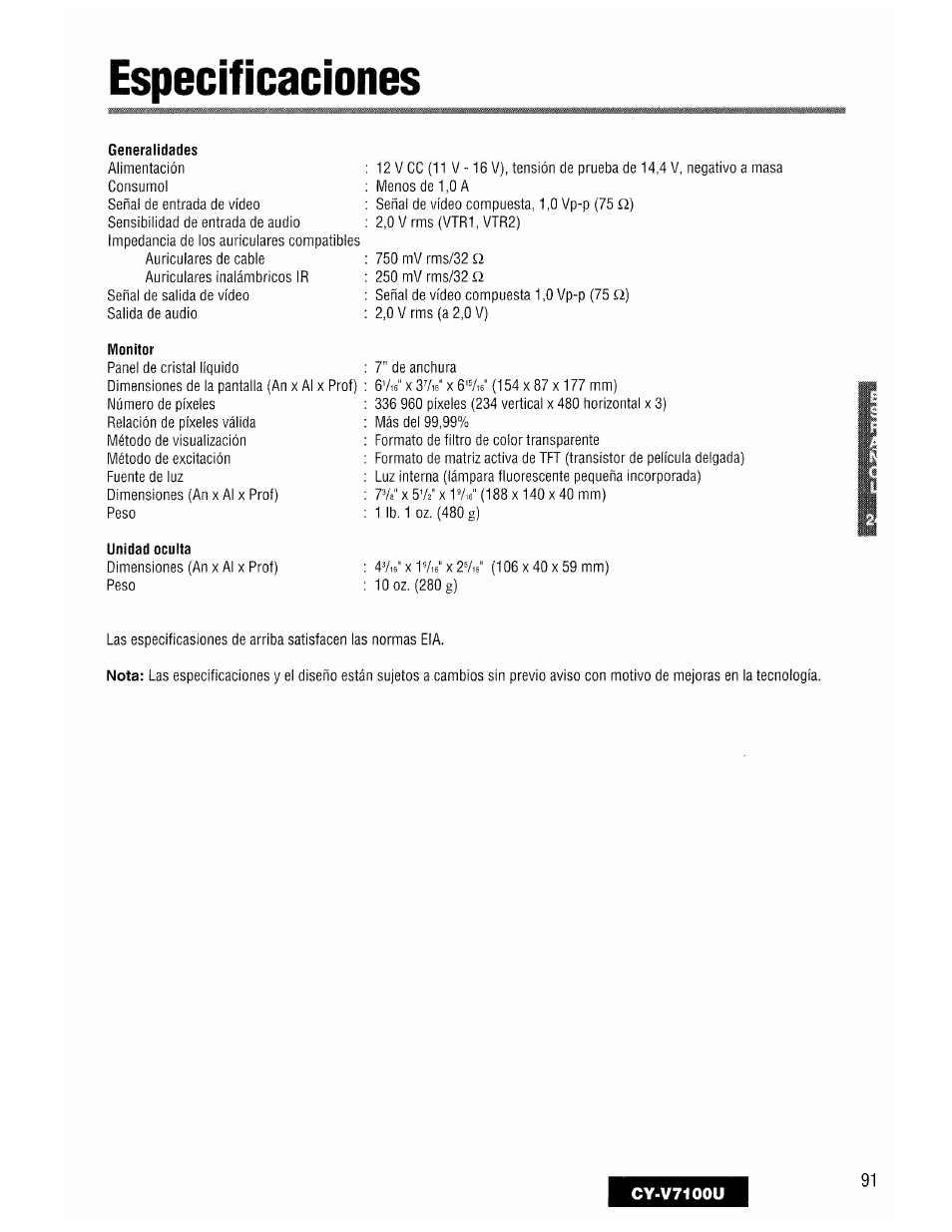Especificaciones | Panasonic CY-V7100U User Manual | Page 91 / 92