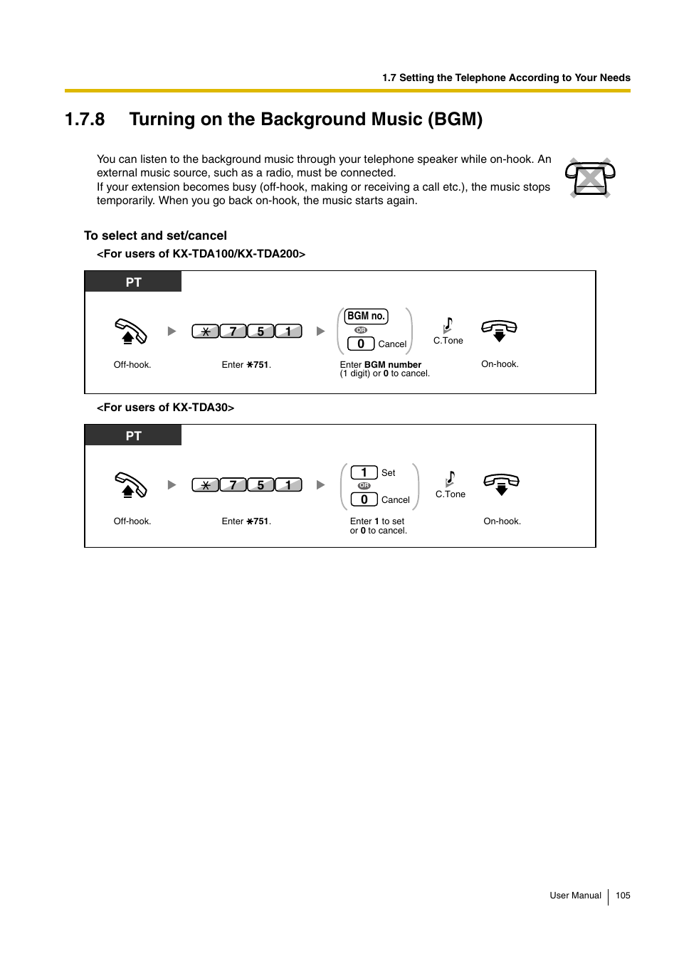 8 turning on the background music (bgm) | Panasonic KX-TDA30 User Manual | Page 105 / 214