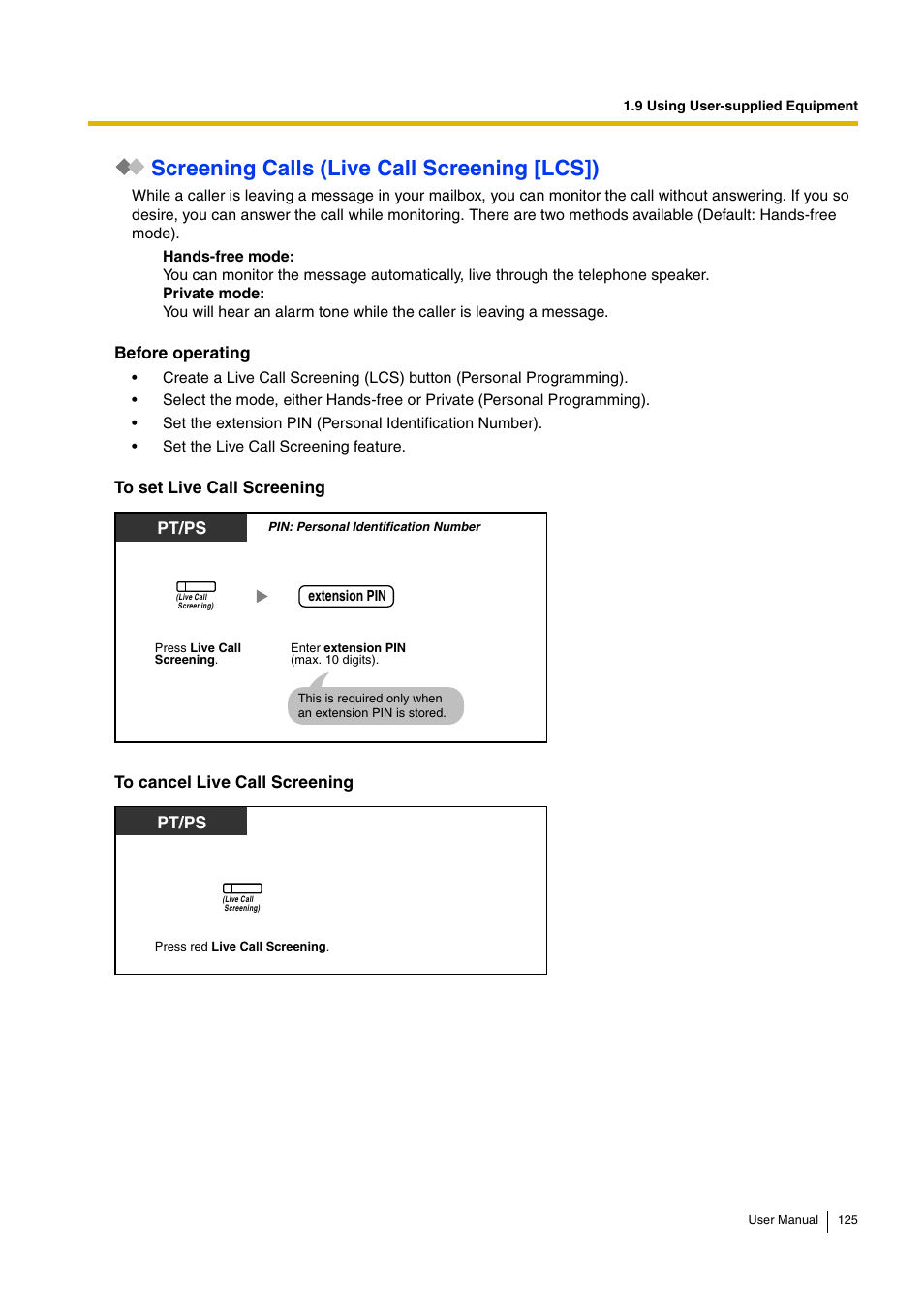 Screening calls (live call screening [lcs]), Pt/ps | Panasonic KX-TDA30 User Manual | Page 125 / 214