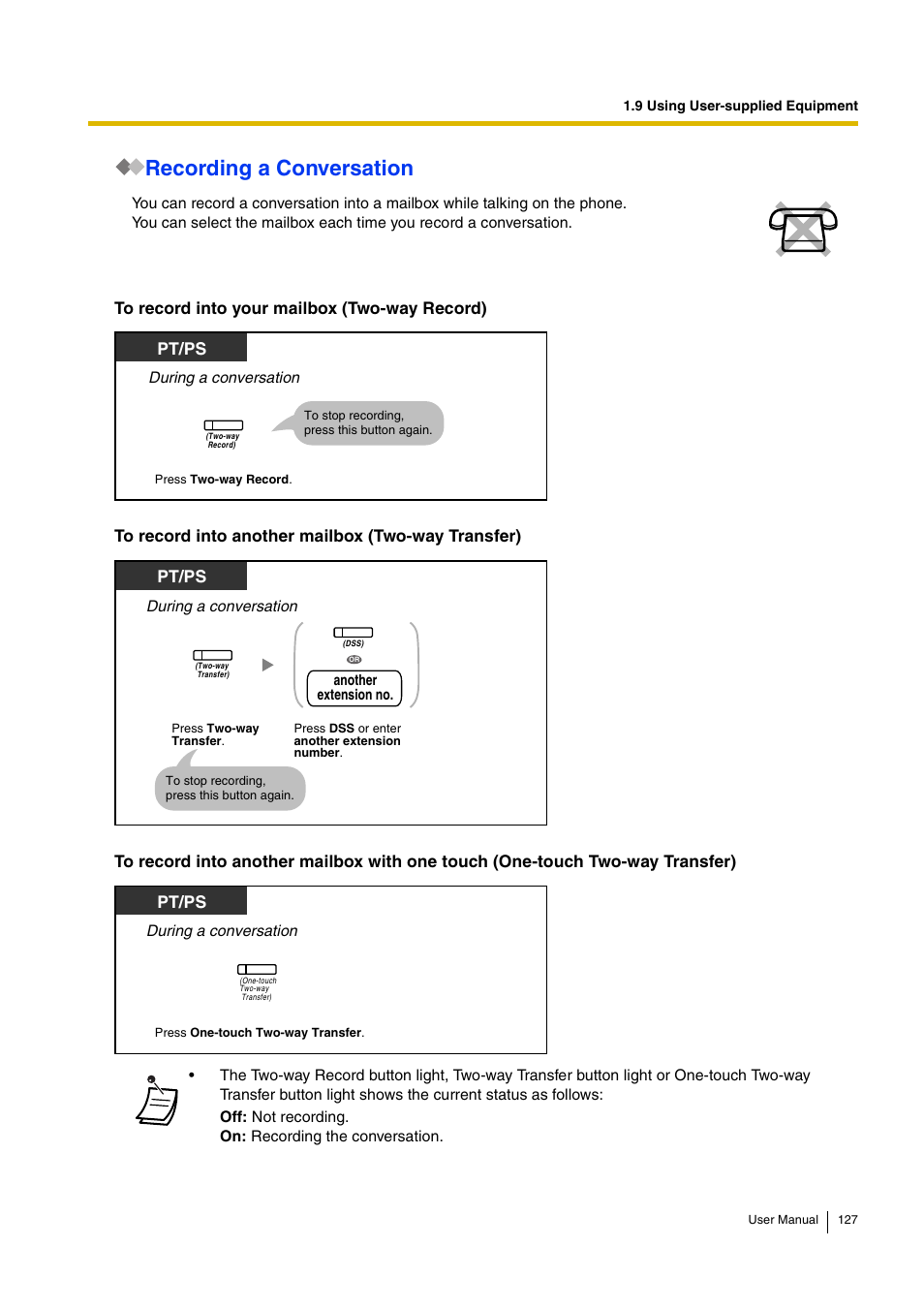 Recording a conversation, Pt/ps | Panasonic KX-TDA30 User Manual | Page 127 / 214