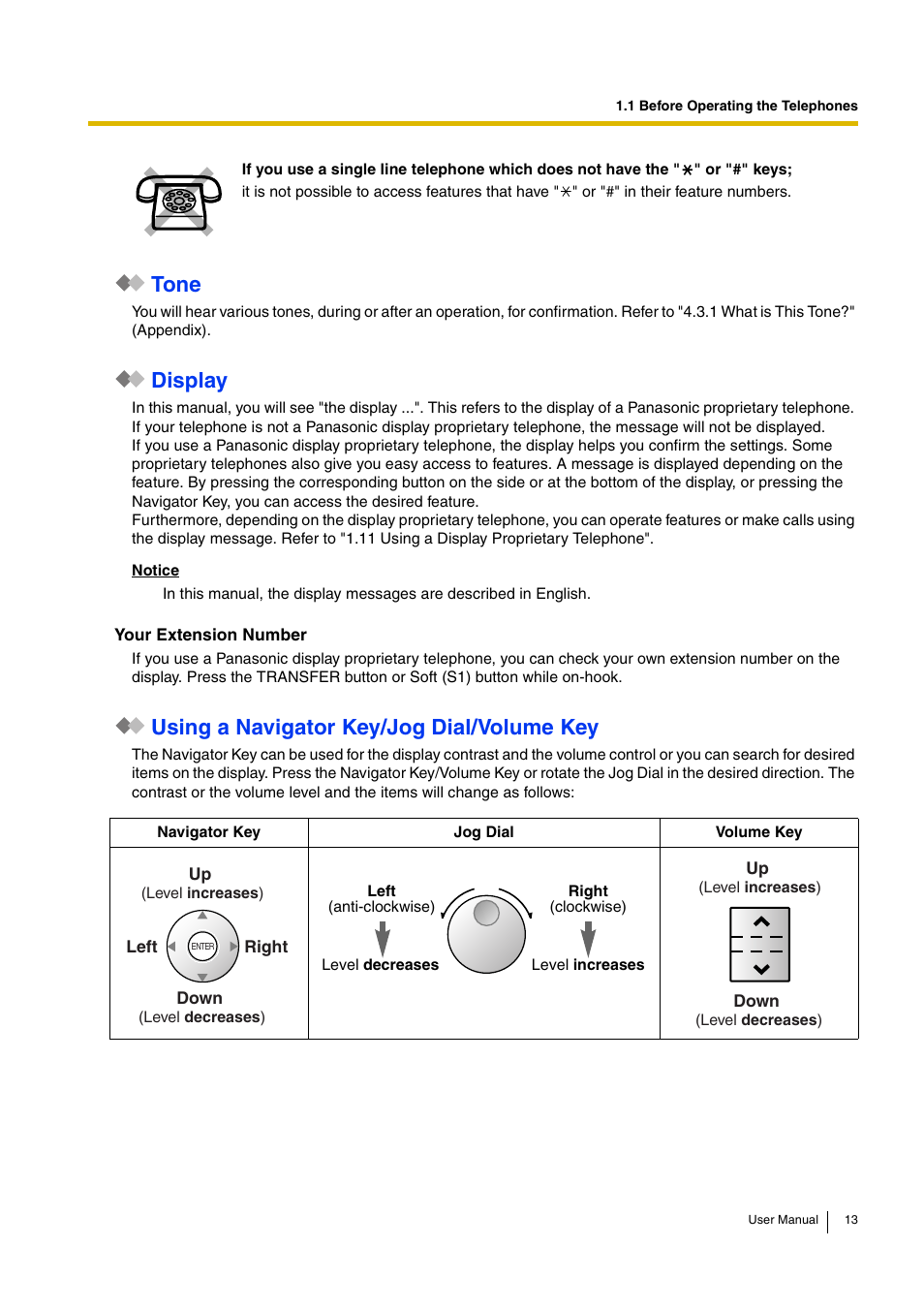 Tone, Display, Using a navigator key/jog dial/volume key | Panasonic KX-TDA30 User Manual | Page 13 / 214