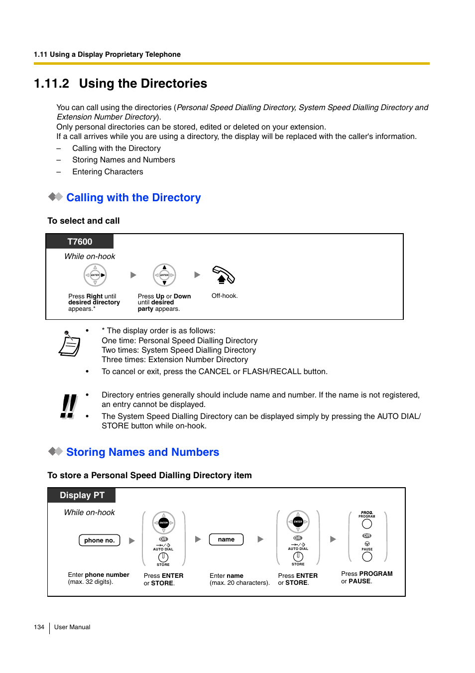 2 using the directories, Calling with the directory, Storing names and numbers | Panasonic KX-TDA30 User Manual | Page 134 / 214