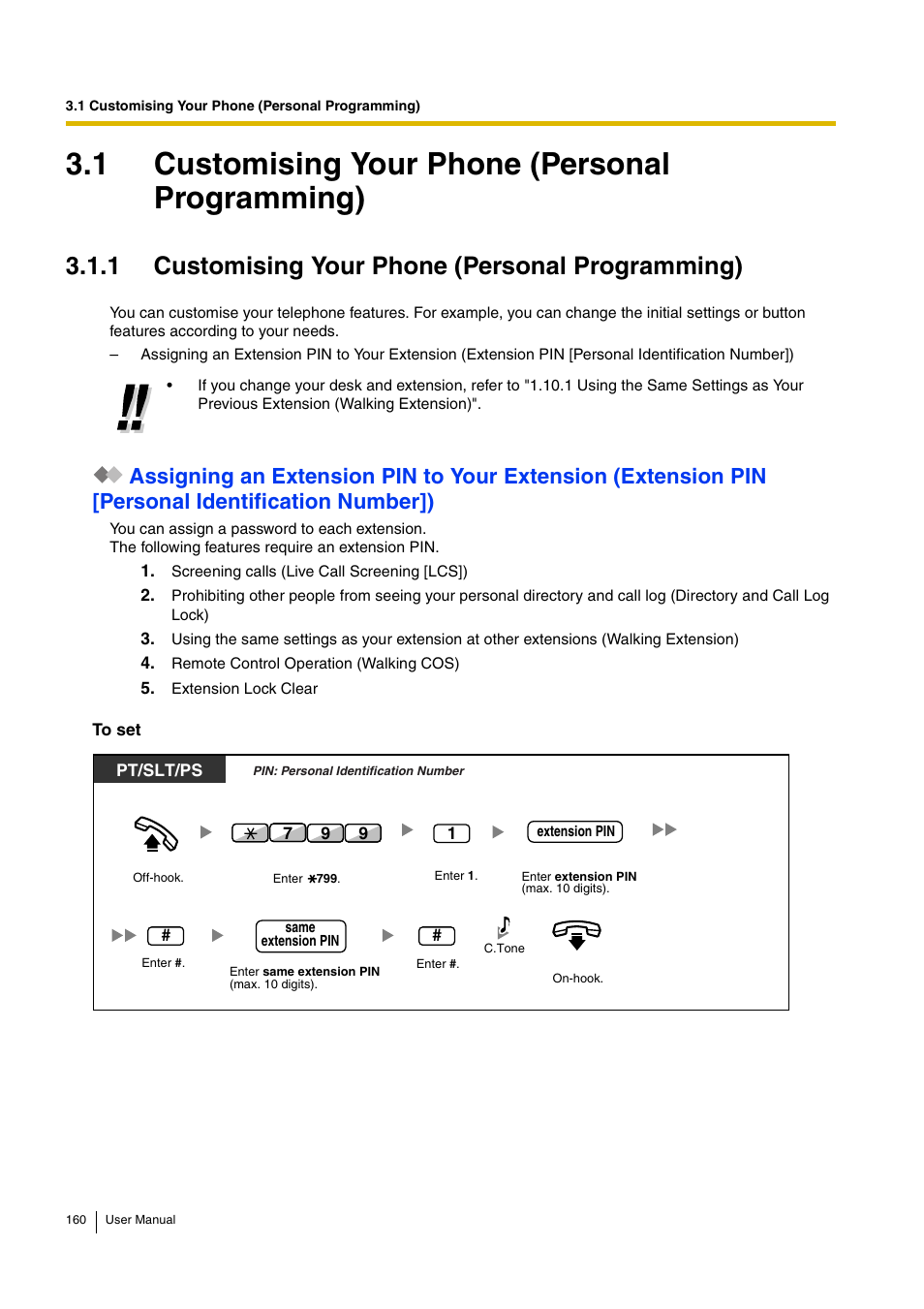 1 customising your phone (personal programming) | Panasonic KX-TDA30 User Manual | Page 160 / 214