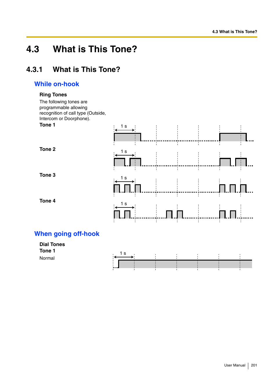 3 what is this tone, 1 what is this tone, While on-hook | When going off-hook, While on-hook when going off-hook | Panasonic KX-TDA30 User Manual | Page 201 / 214