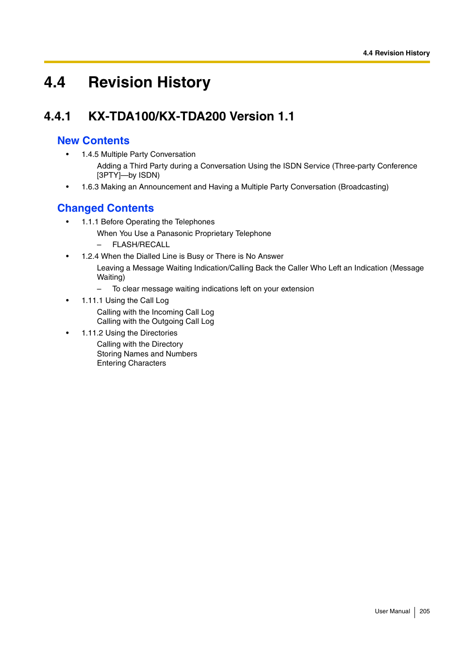 4 revision history, 1 kx-tda100/kx-tda200 version 1.1, New contents | Changed contents | Panasonic KX-TDA30 User Manual | Page 205 / 214